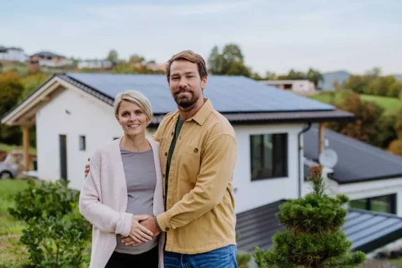 A man and woman stand in front of a home with a metal roof.